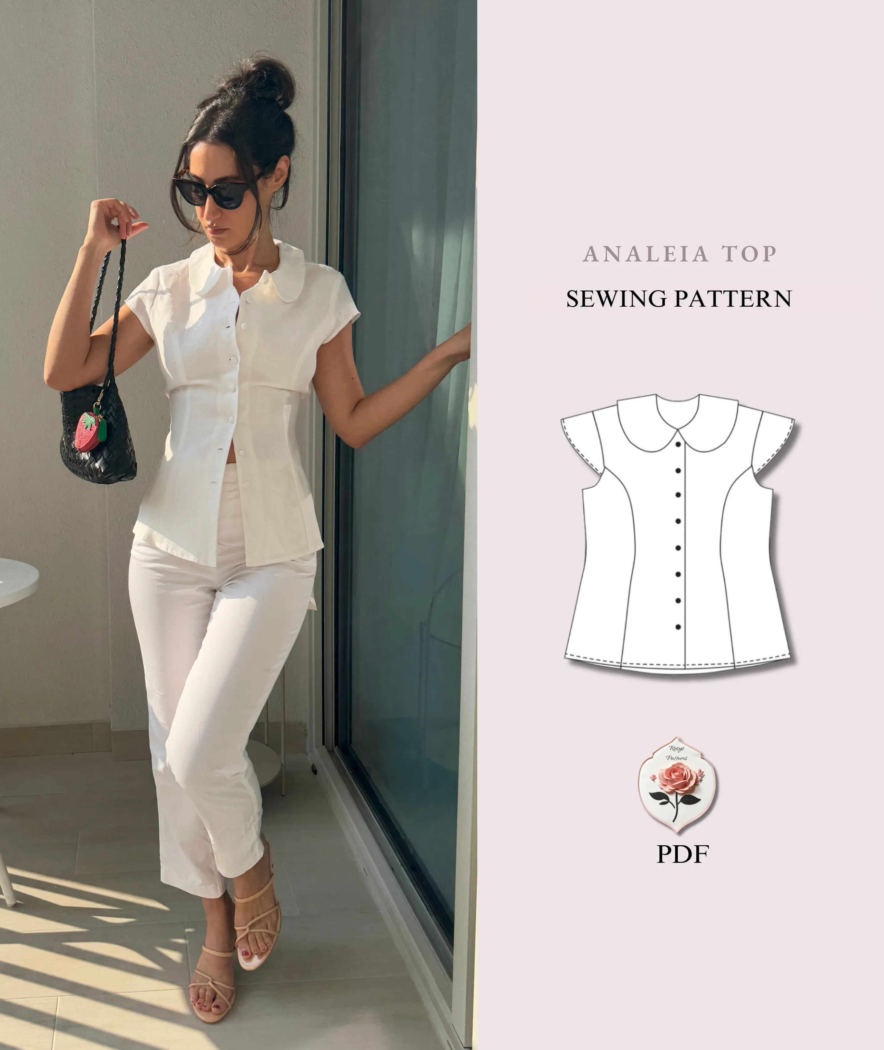 Analeia Top Sewing Pattern | Peter Pan Collar Blouse Pattern | Button Front Princess Seam Top | Beginner Friendly | Sizes XXS–2XL | Instant PDF Download